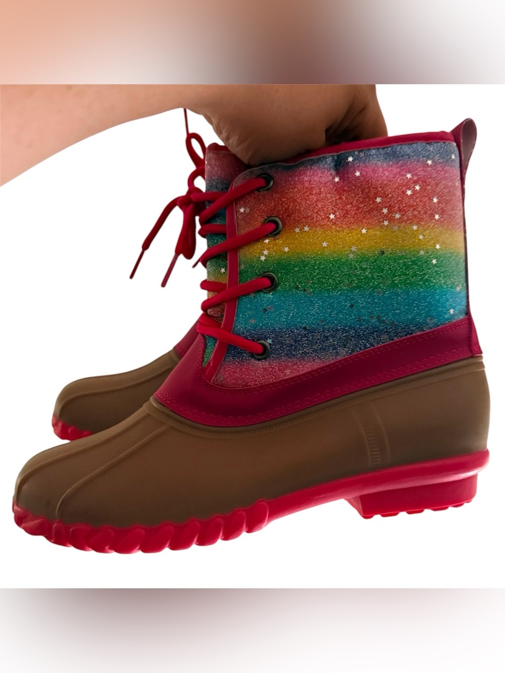 Rainbow Ombre Glitter Duck Boots Lace Up Sherpa Girl's. 
Size 5 - Picture 7 of 13